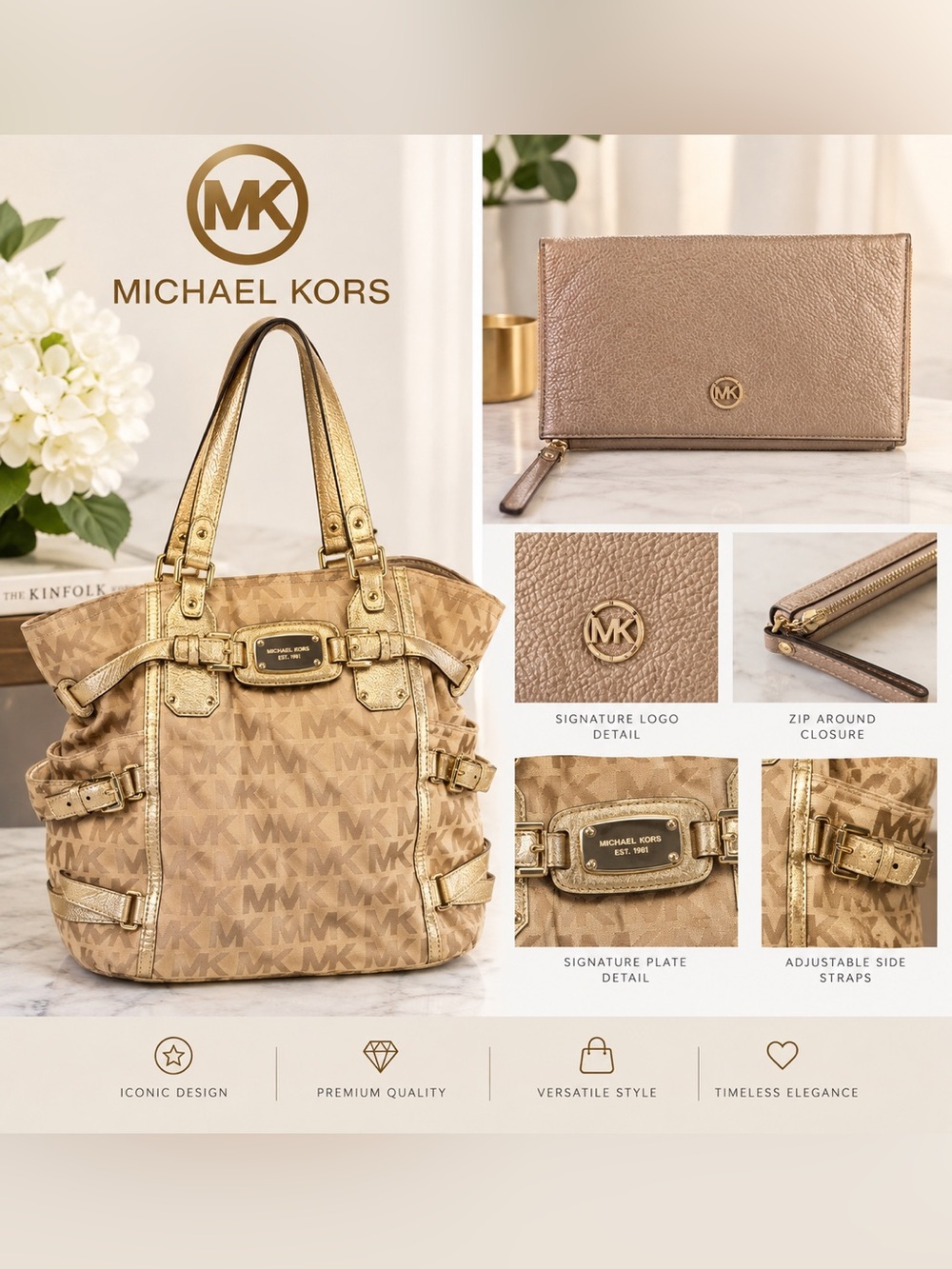 Michael Kors Metallic Gold Signature MK Logo Monogram Shoulder Tote Bag